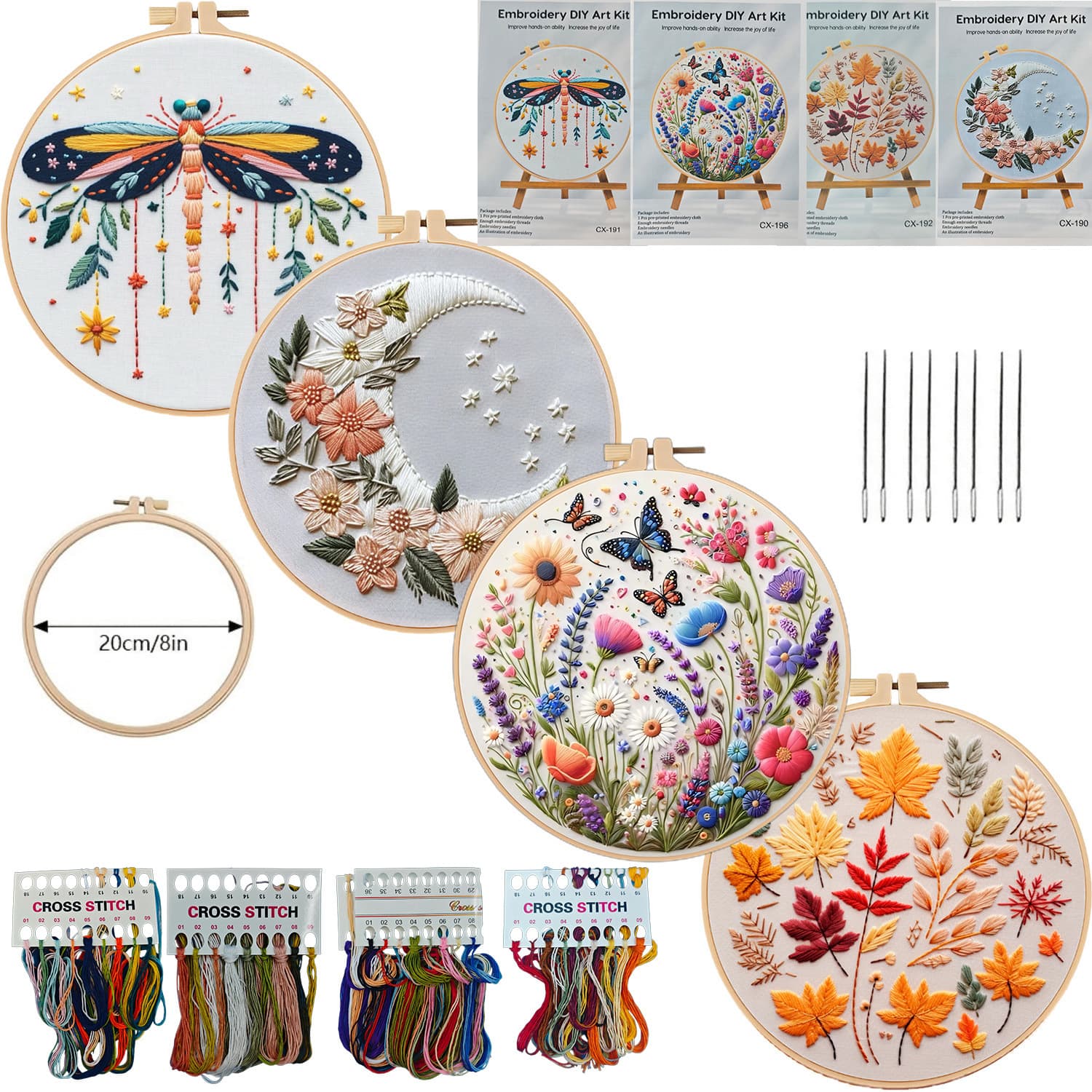 Embroidery Diy Material Package Silver Moon Butterfly Dragonfly Fallen Leaf Pattern