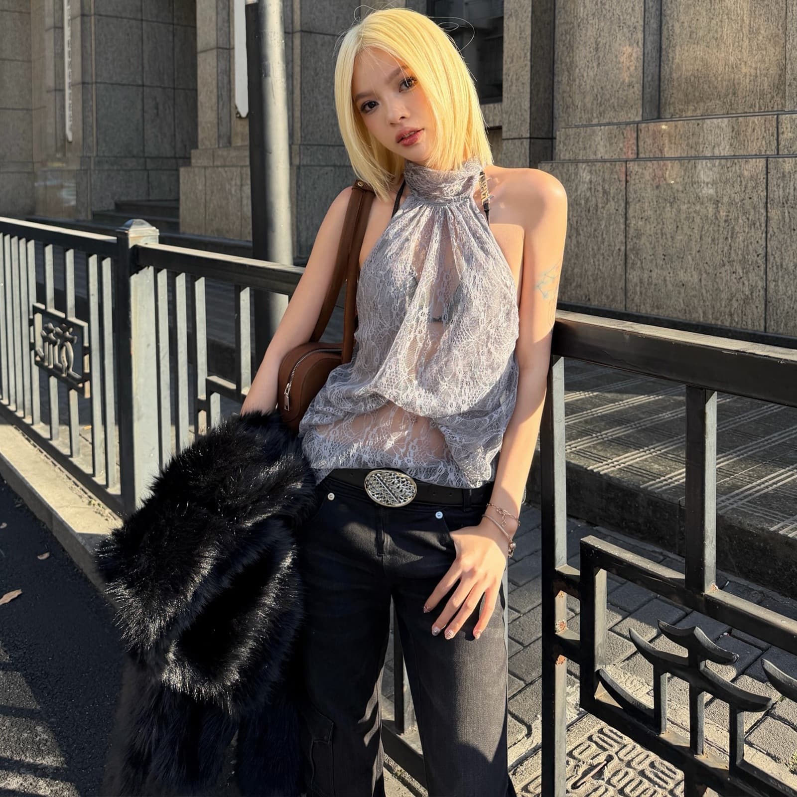 Fashionable High-neck Lace Sheer Sleeveless Backless Asymmetrical Top