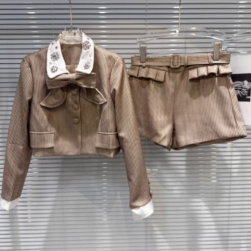 Chanel-style Bow-neckline Plaid Short Jacket And Belted Shorts Set