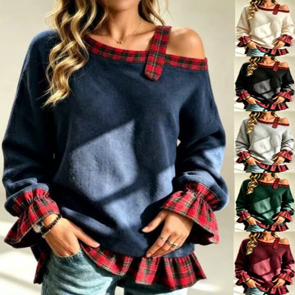 Off-the-shoulder Plaid Color-block Ruffled-cuff And Hem Loose-fit Faux Two-piece Spliced Sweatshirt