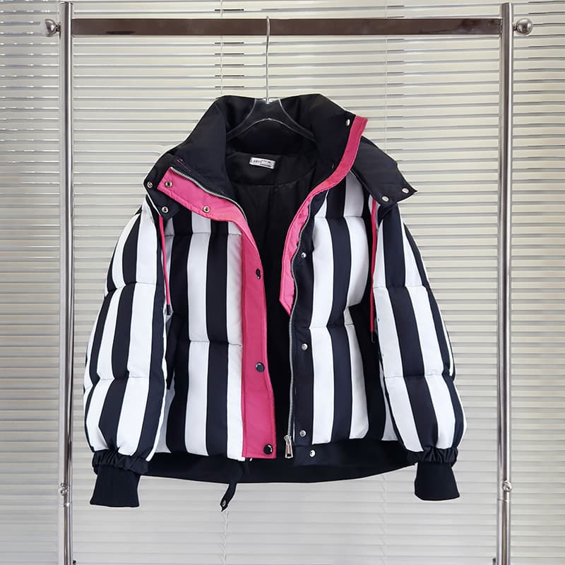 Striped Hooded Short Down Puffer Coat Warm And Cozy