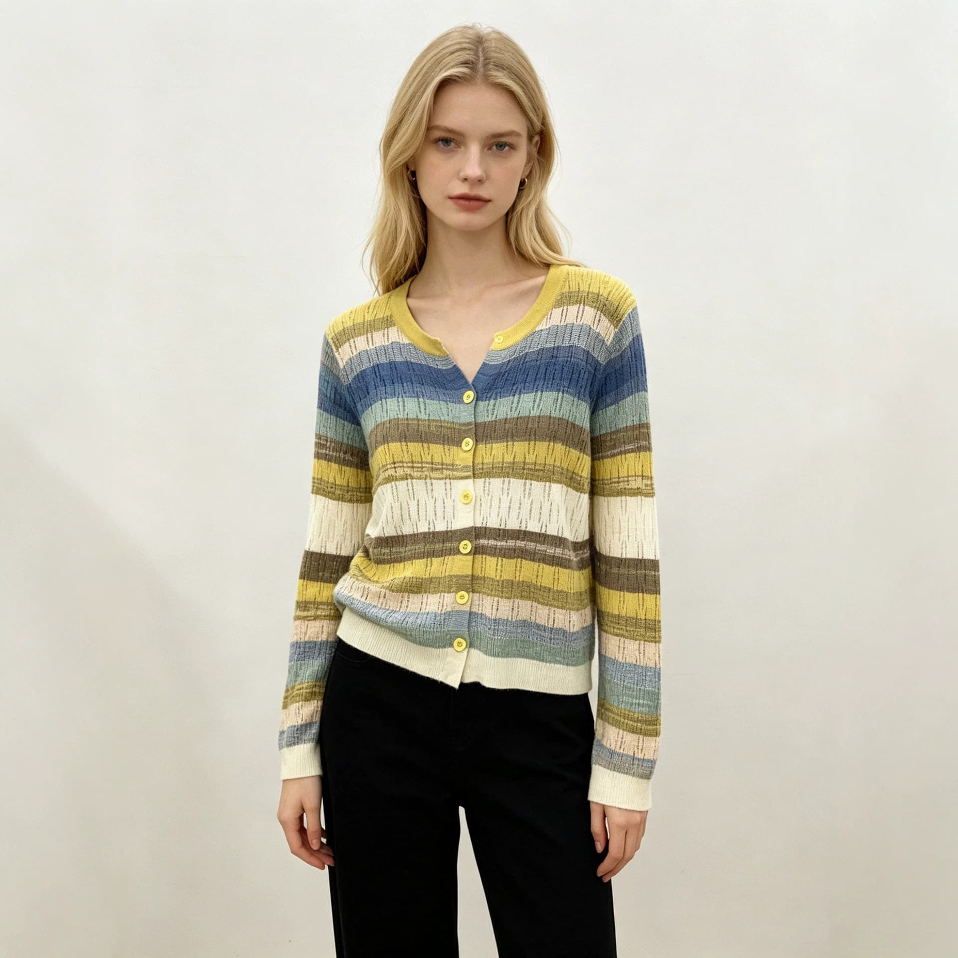 Womens Hollow-Out Color-Block Striped V-Neck Knitted Cardigan Top