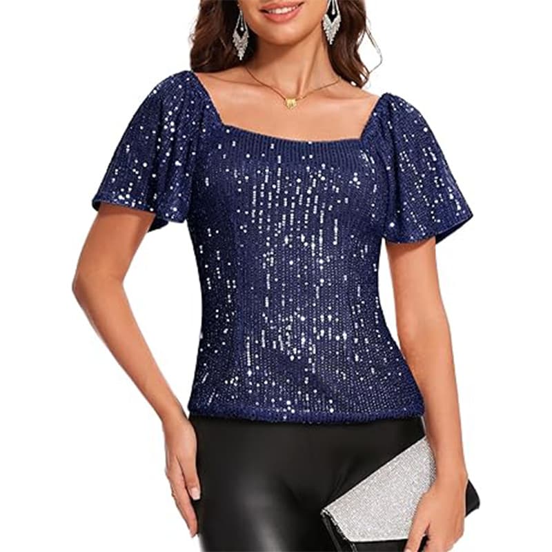 Womens Fashionable Square-neck Short-sleeve Sequin Puffed Sleeves