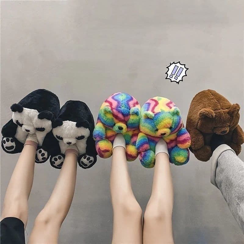 Cartoon Bear Plush Slippers Warm Fuzzy Indoor House Shoes For Winter Soft Sole Cozy Home Footwear