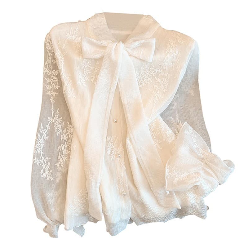 Womens Fashion Lace Jacquard Blouse With Tied Laces