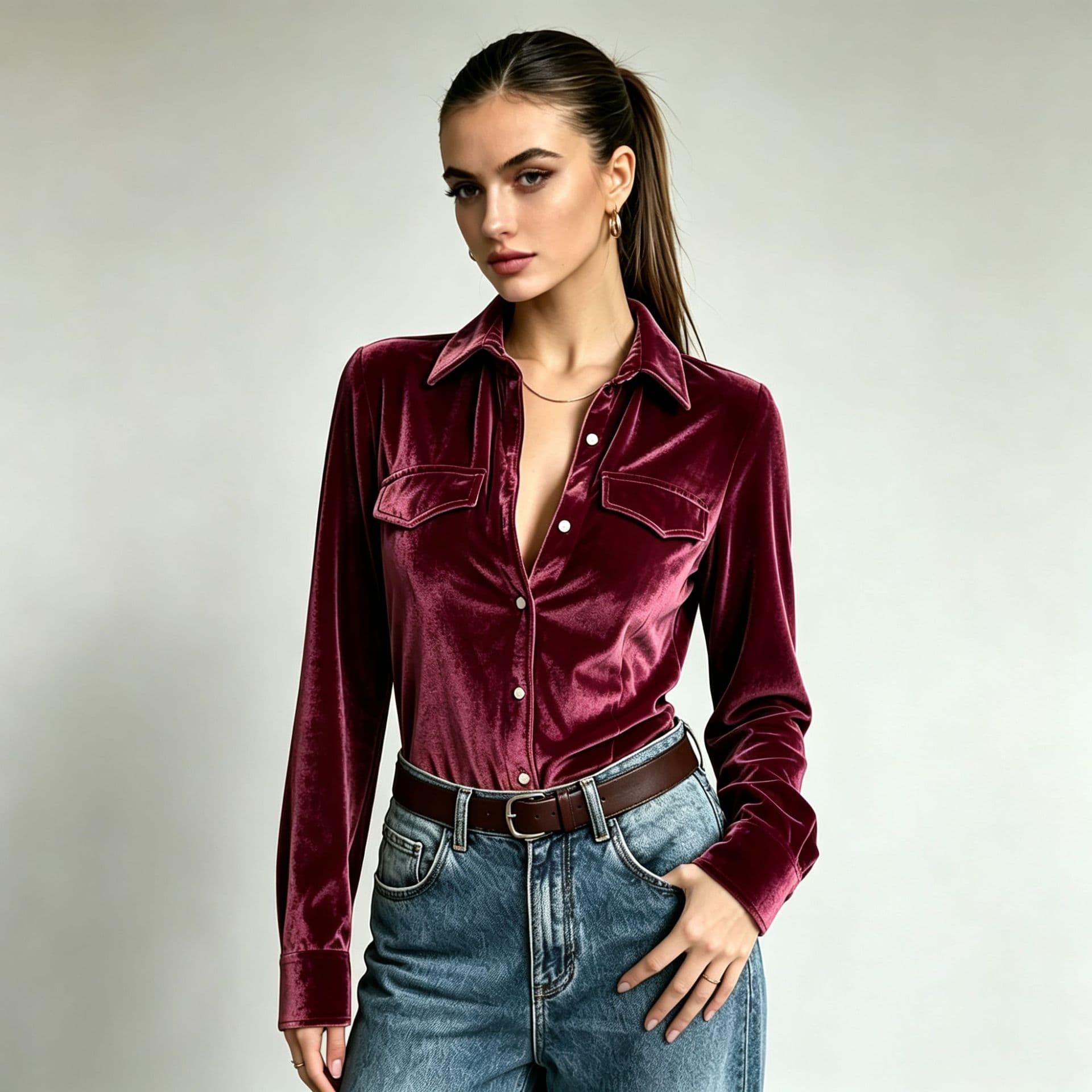 Autumn Holiday Pocket-Style Button-Up Shirt For Women Solid-Color Velvet Lapel Long-Sleeve Top