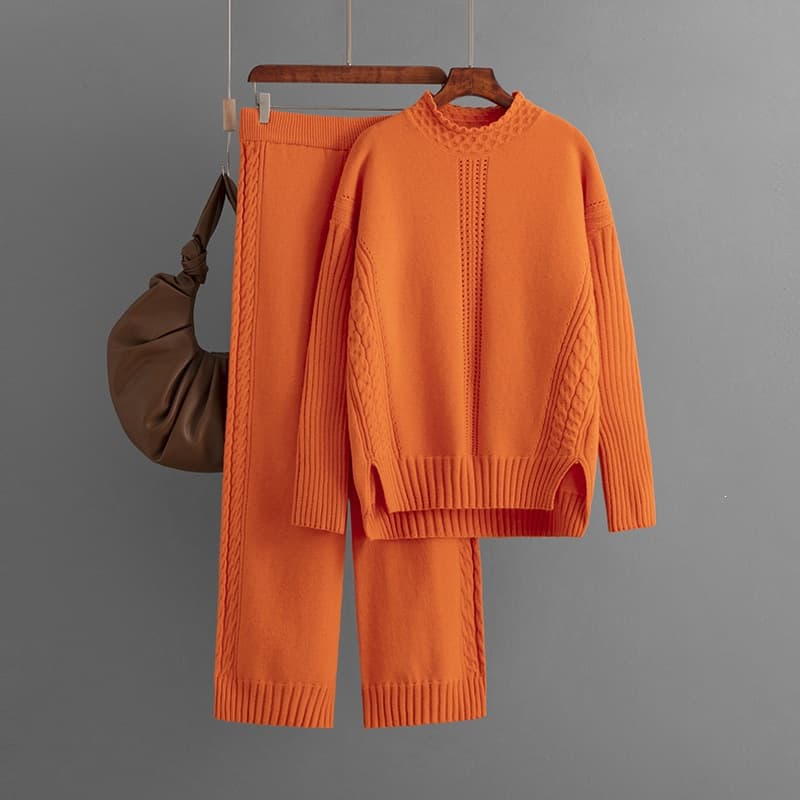 Casual Solid-color Loose-fit Knitted Turtleneck Sweater Two-piece Set