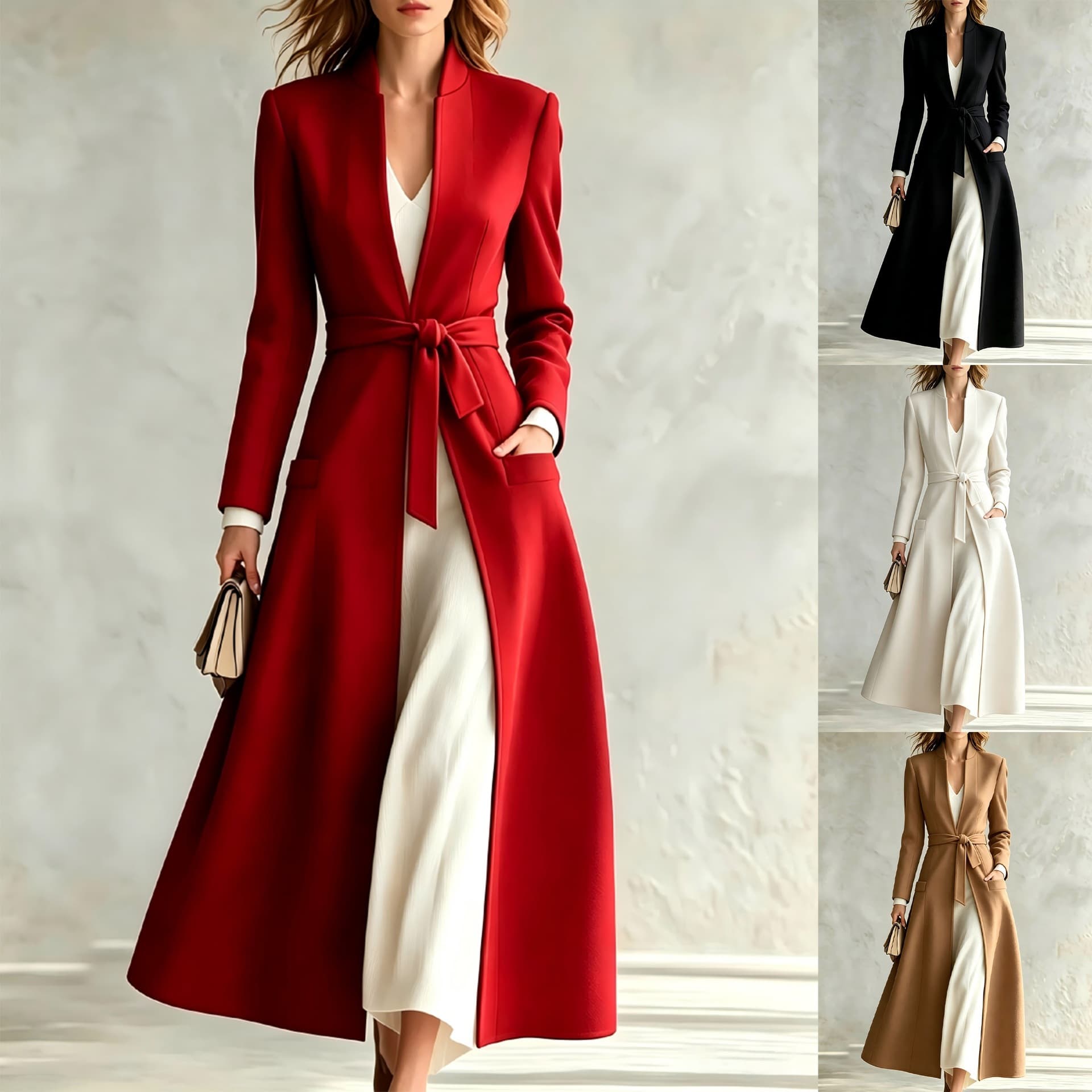 Women's New Solid Color Polo Collar Lace-up Overcoat