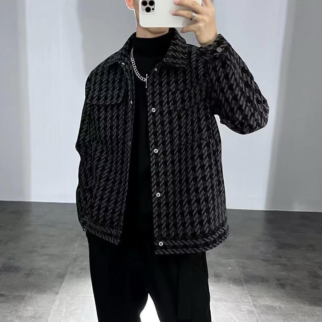Versatile Houndstooth Outerwear For Menhigh-end Trendy Brand Color-blocked Slim-fit Plaid Lapel Casual Top