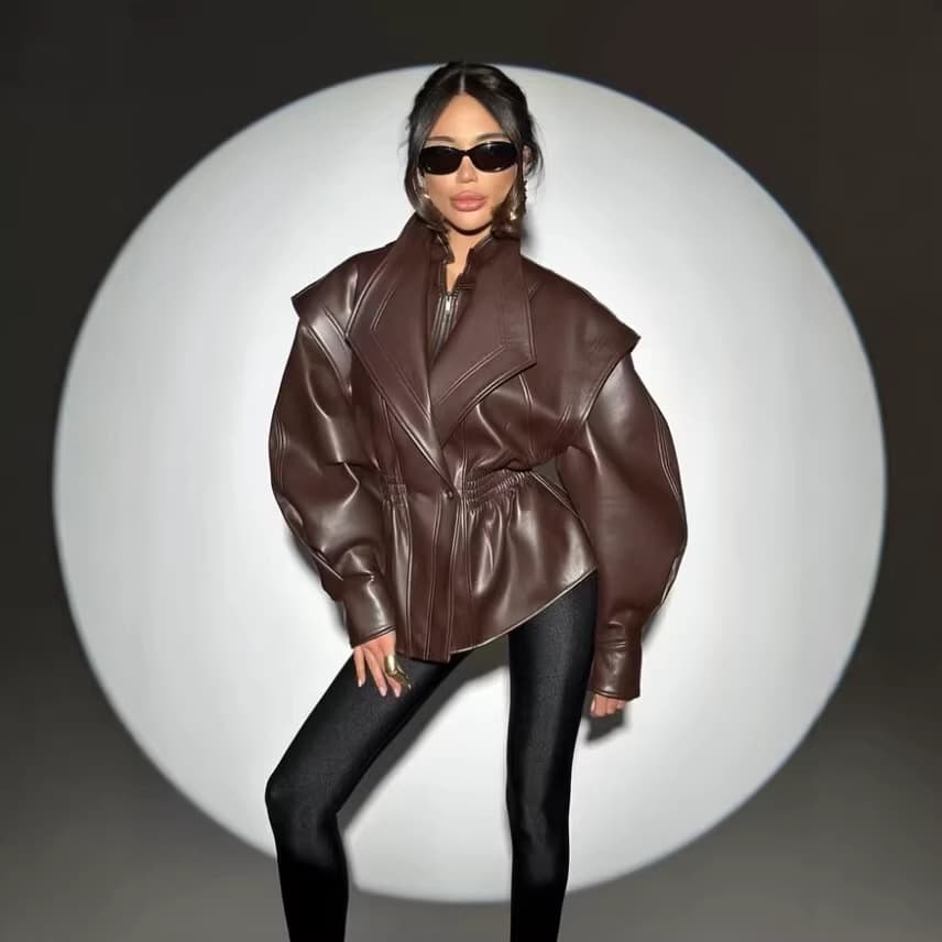 Turn-down Collar Loose Leather Jacket Womens Top