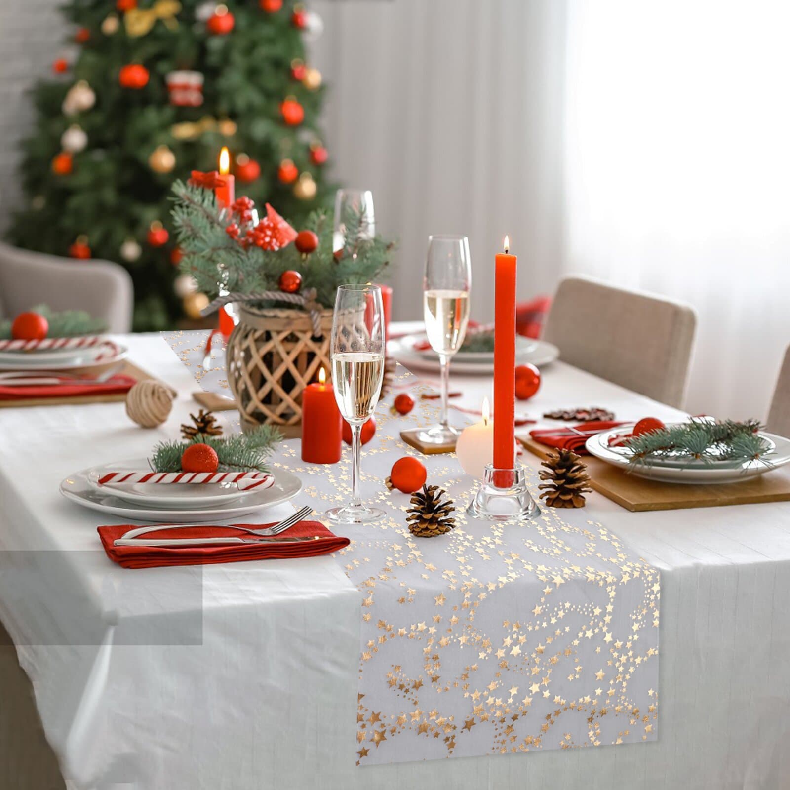 Gold-stamped Tulle Table Runner With Star Decorations For Home Decor