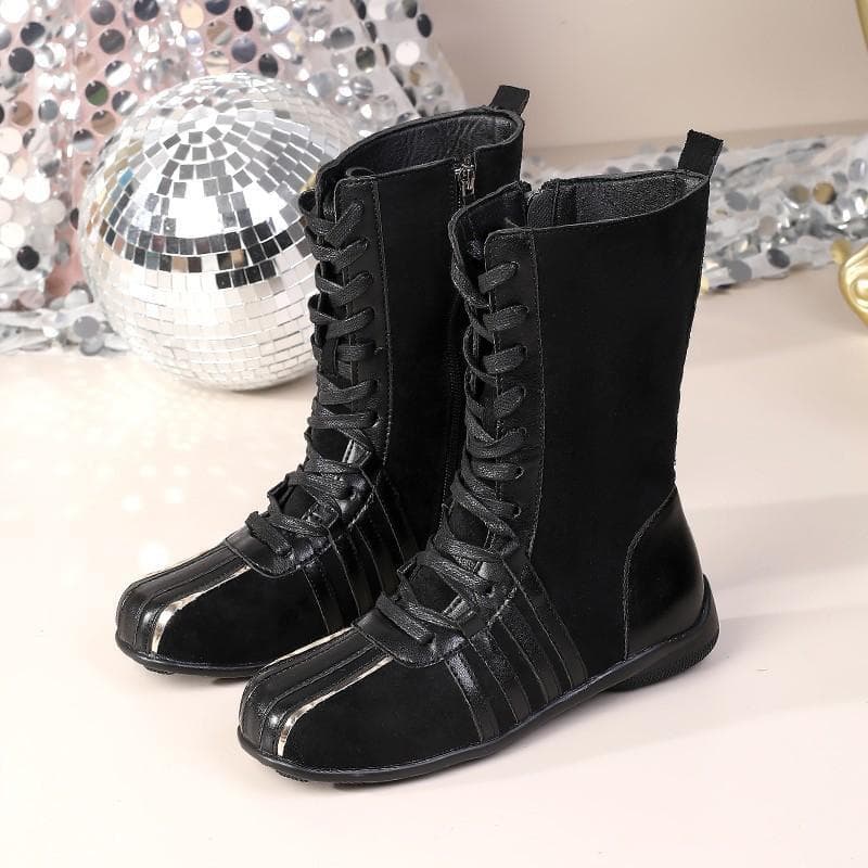 Retro Lace-up Mid-calf Boots For Women Soft Leather Non-slip