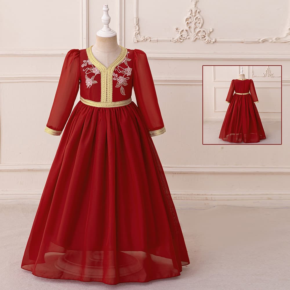 Floral-print Gold-foil Long Gown Children's Party Princess Dress