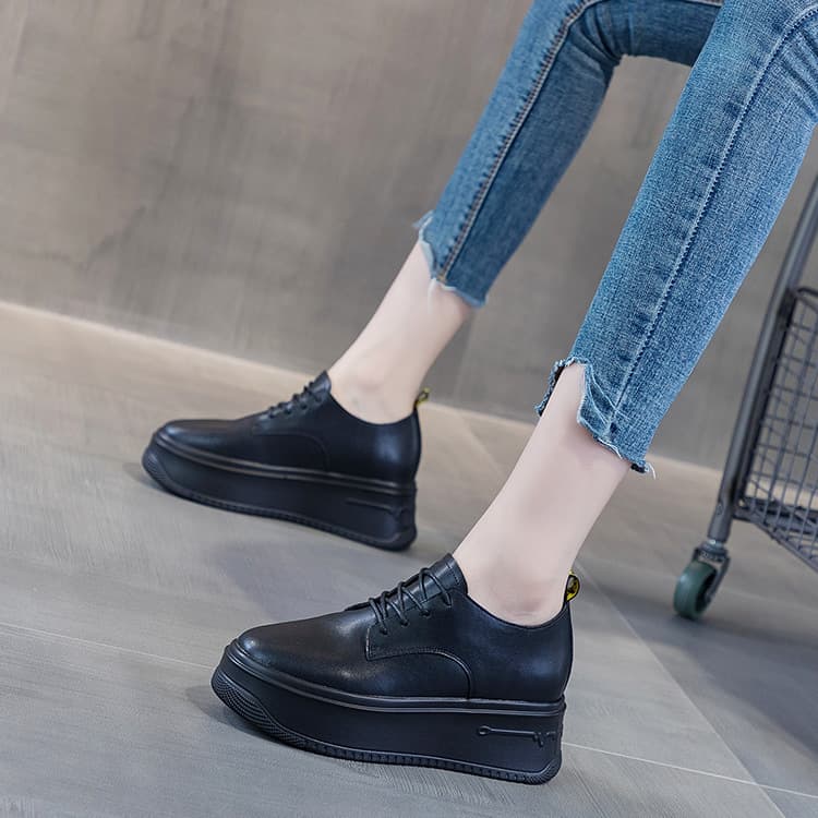 Women's Casual Leather Shoes With Thick Platform Soles And Lace-up Design
