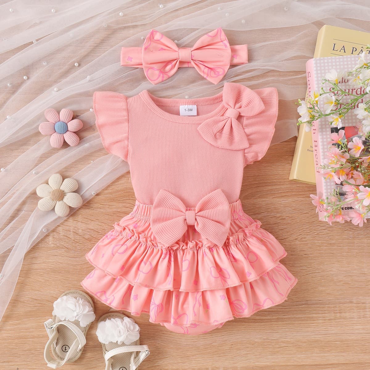 Bow-tie Flutter-sleeve Short Skirt One-piece Dress