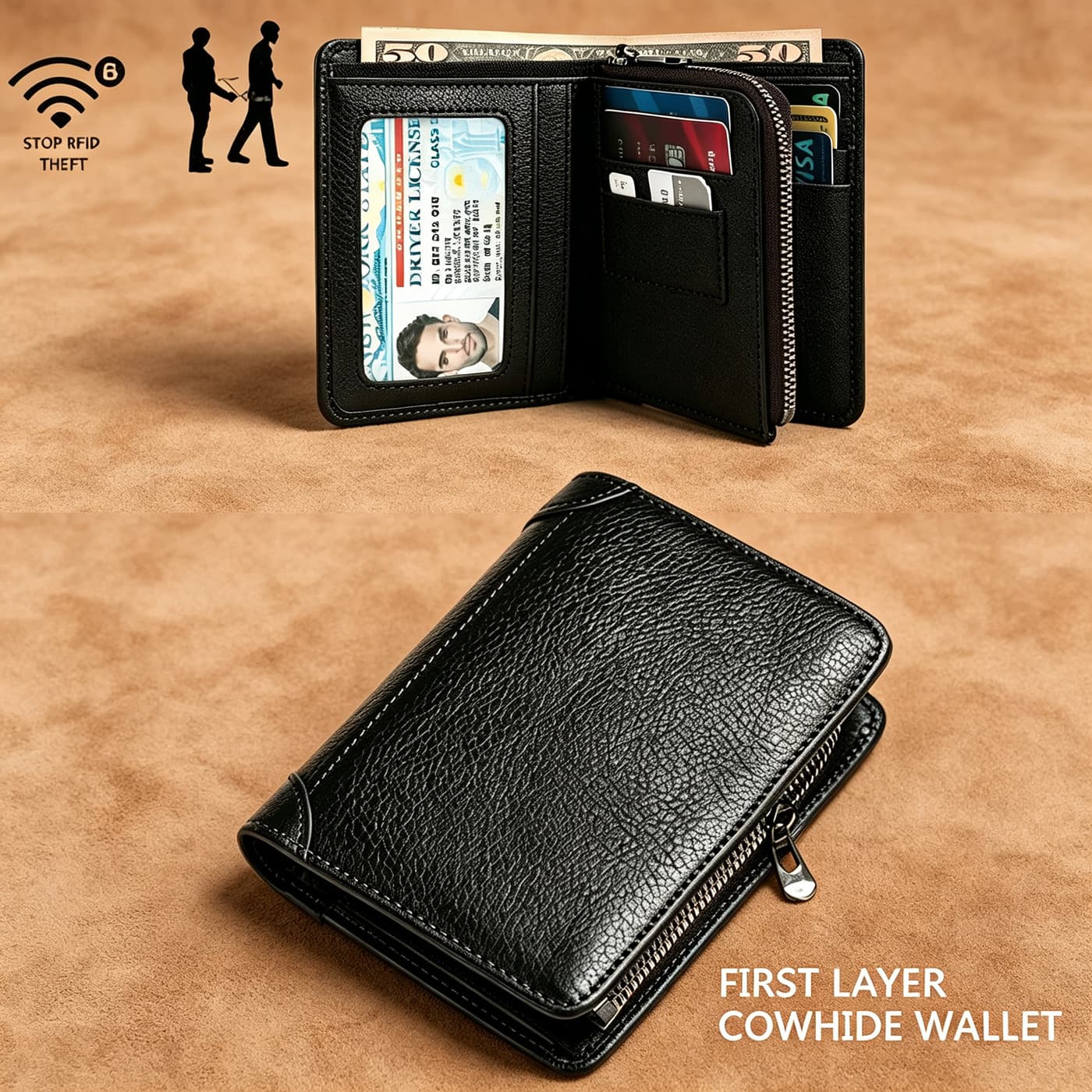 Mens Anti-Magnetic Top-Grain Cowhide Wallet