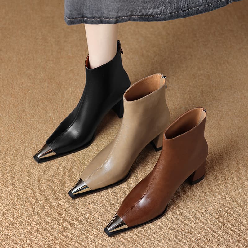 European And American-style Chic Metallic-stitched Pointed-toe Leather Ankle Boots