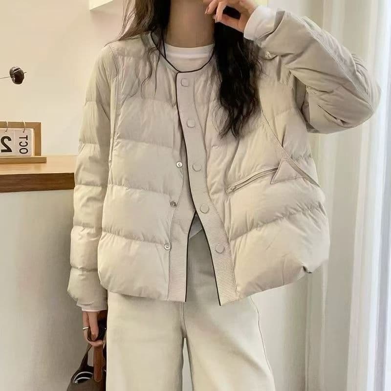 Single-breasted, Round-neck Minimalist Short-length White Duck Down Warm Coat