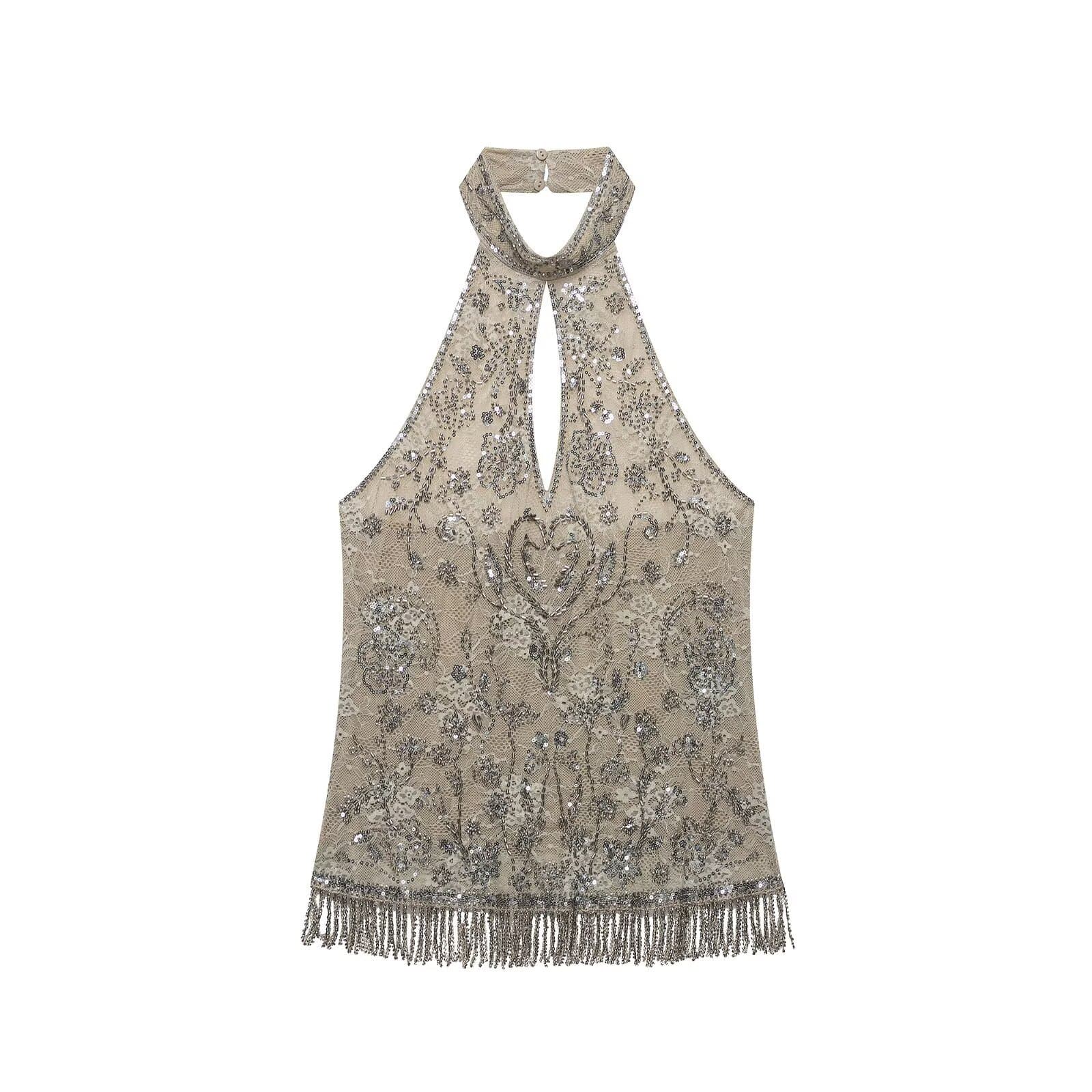 Women's Halter Neck Backless Top With Beaded Detail - Sexy Sleeveless Blouse For Summer Party Clubwear
