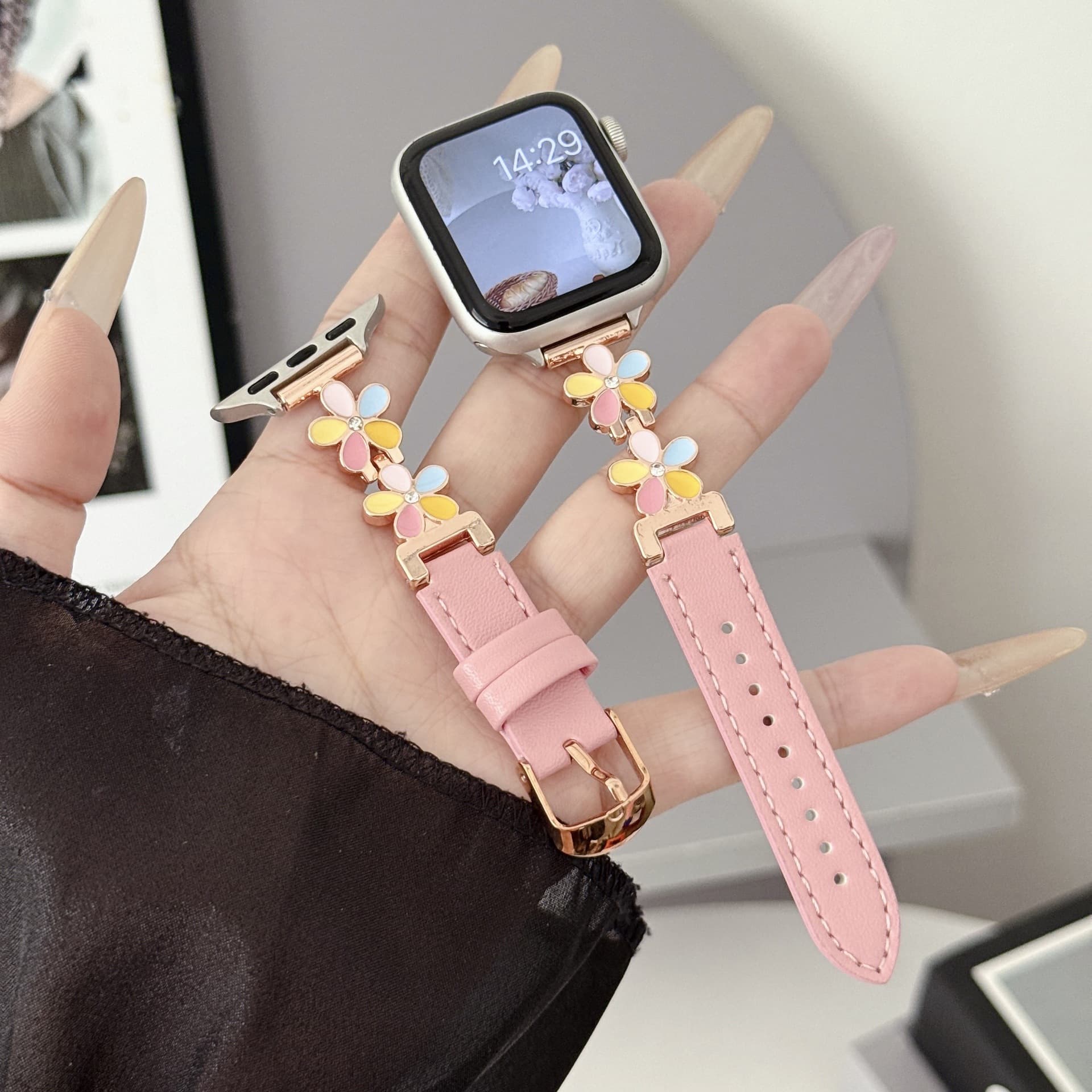 Five-color Petal-patterned Leather Watch Strap