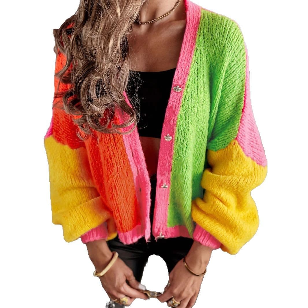 Women's Loose-Fit Color-Block V-Neck Cardigan