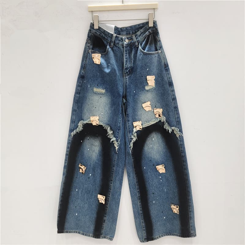 Vintage Blue Fake Two-piece Ripped Jeans