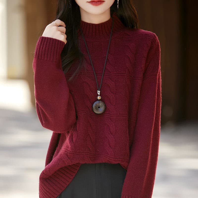 Korean-style Textured Cable-knit Crew-neck Minimalist Pullover Solid-color Knitted Top