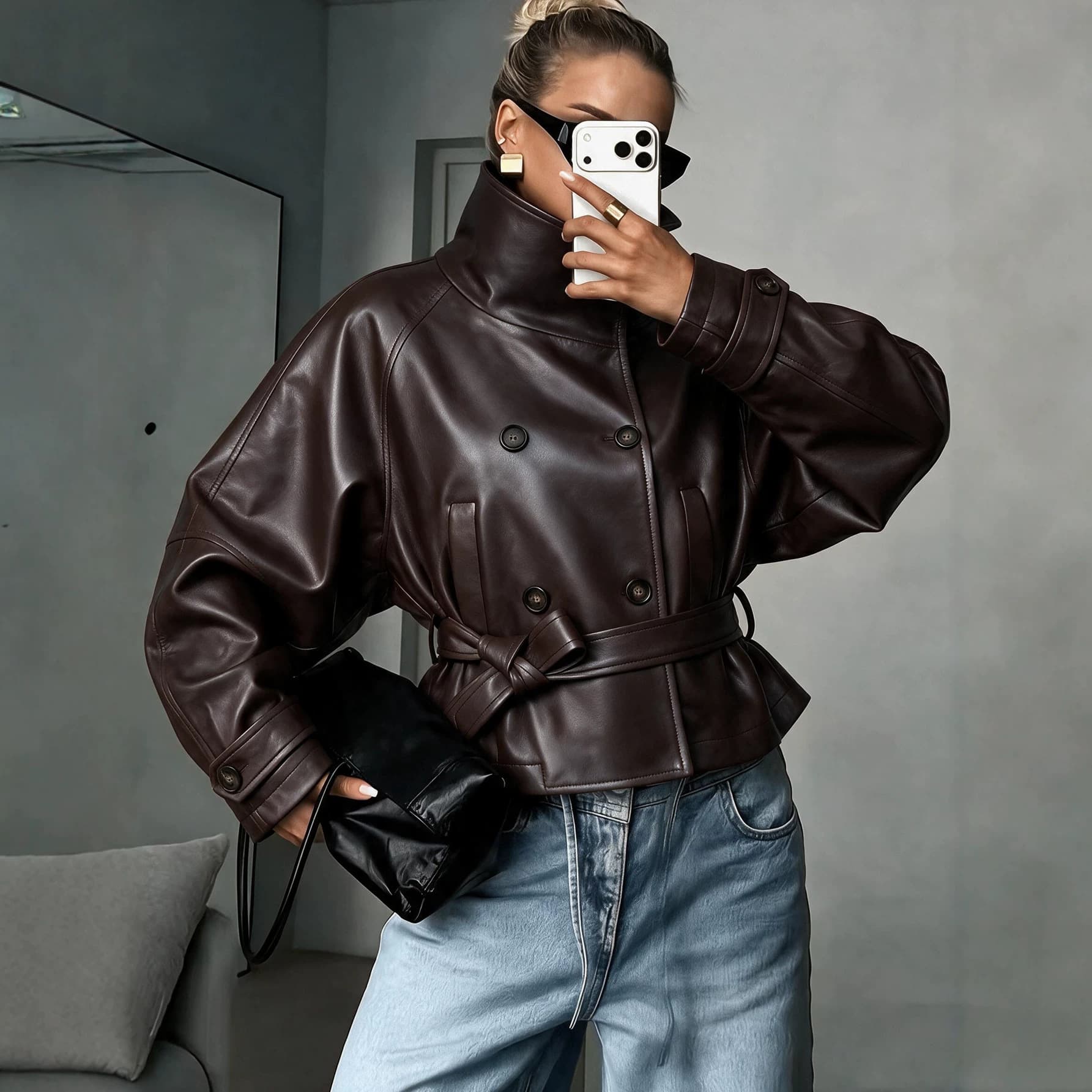 Vintage PU Leather Jacket Women's Short Coat