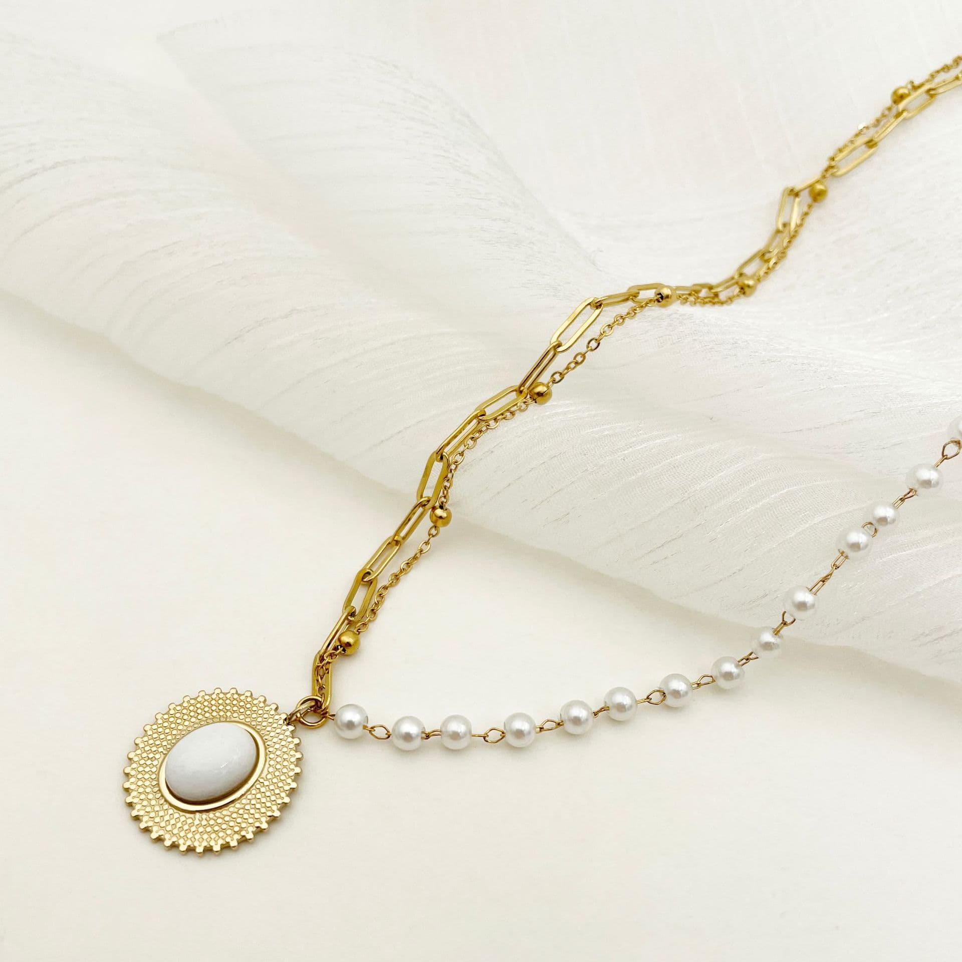 White Natural Stone Drop-shaped Pendant Stainless Steel Pearl Necklace For Women
