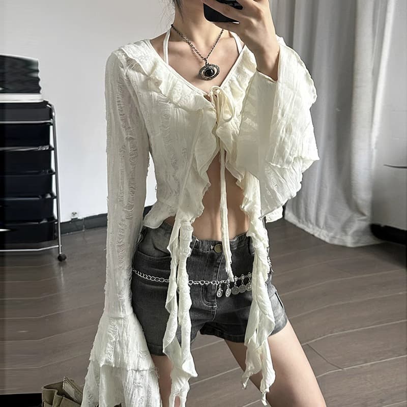 Ruffledetail Vneck Cropped Top For Spring And Summer