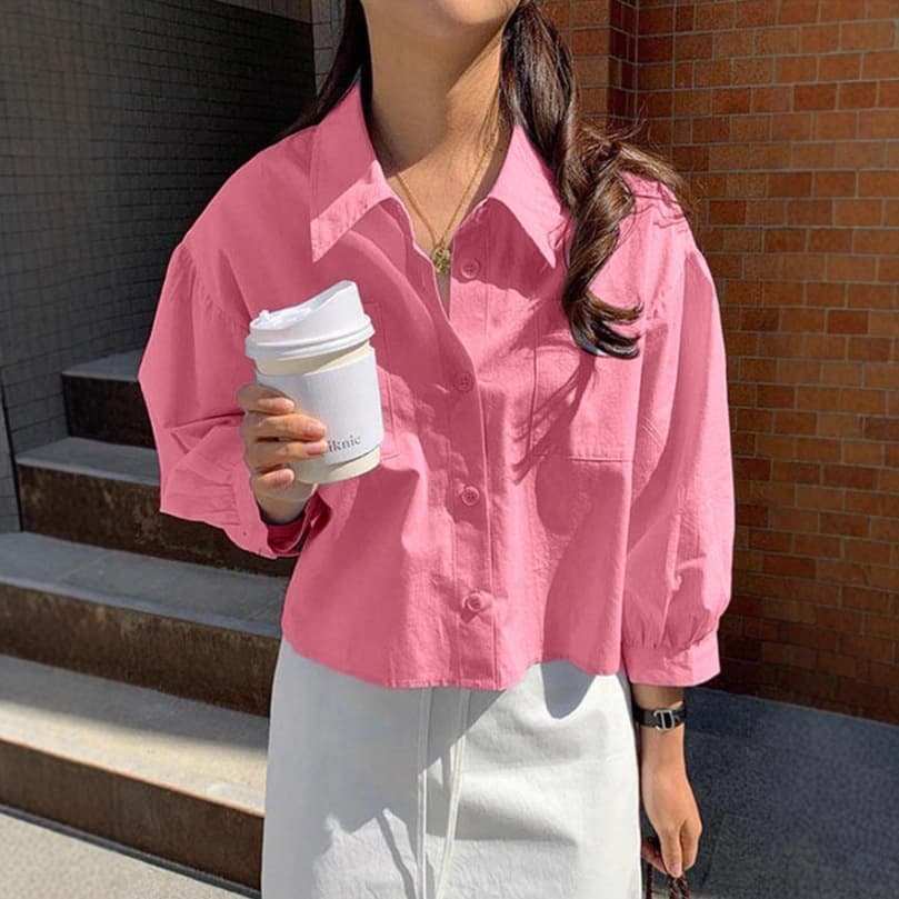 Casual Loose-fit Short Blouse With Double Pockets And Puff Sleeves