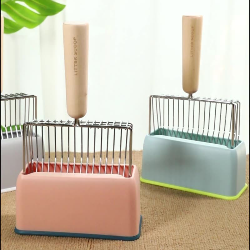 Wooden-handled Cat Litter Scoop Set With A Stand