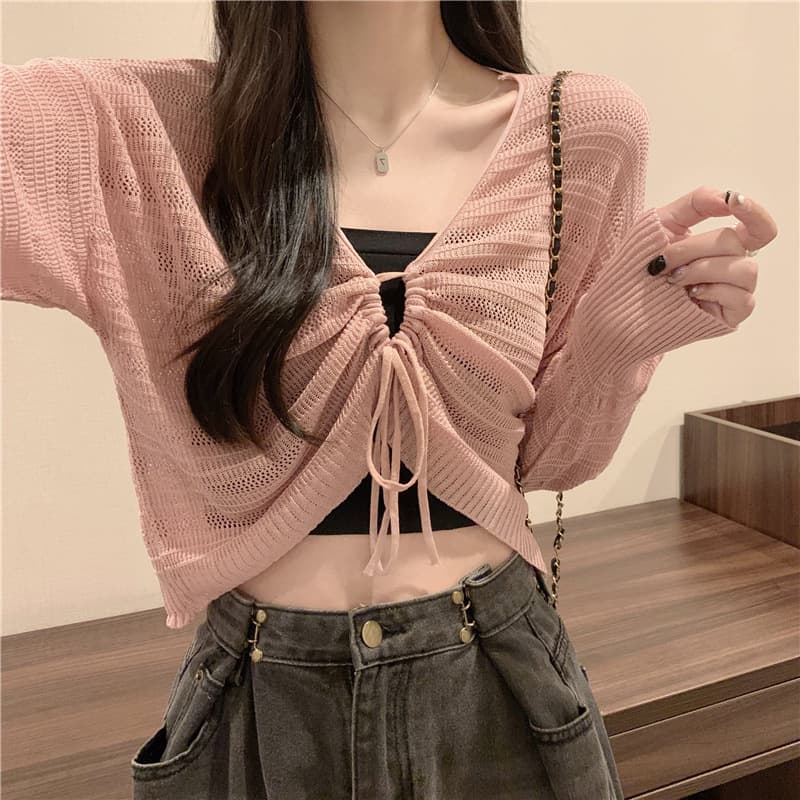 Hollowed-out Drawstring Knitted Sun-protection Cardigan For Women