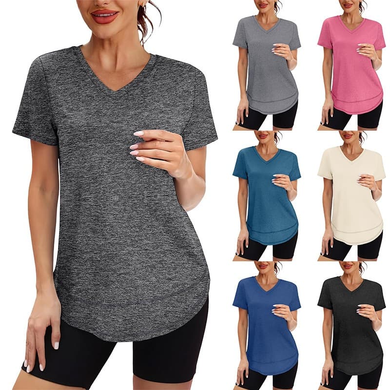 V-neck Sports Quick-dry Solid-color Short-sleeve T-shirt