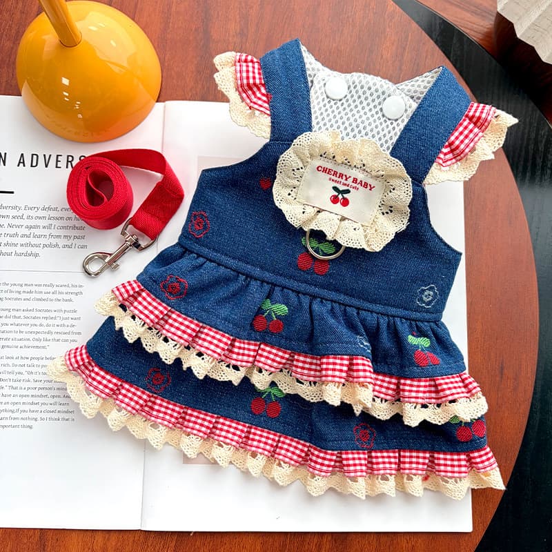 Denim Cherry-patterned Dog Skirt With Suspenders For Couples