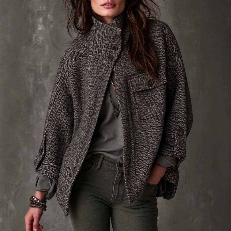 Vintage Oversized Herringbone Wool Coat For Women