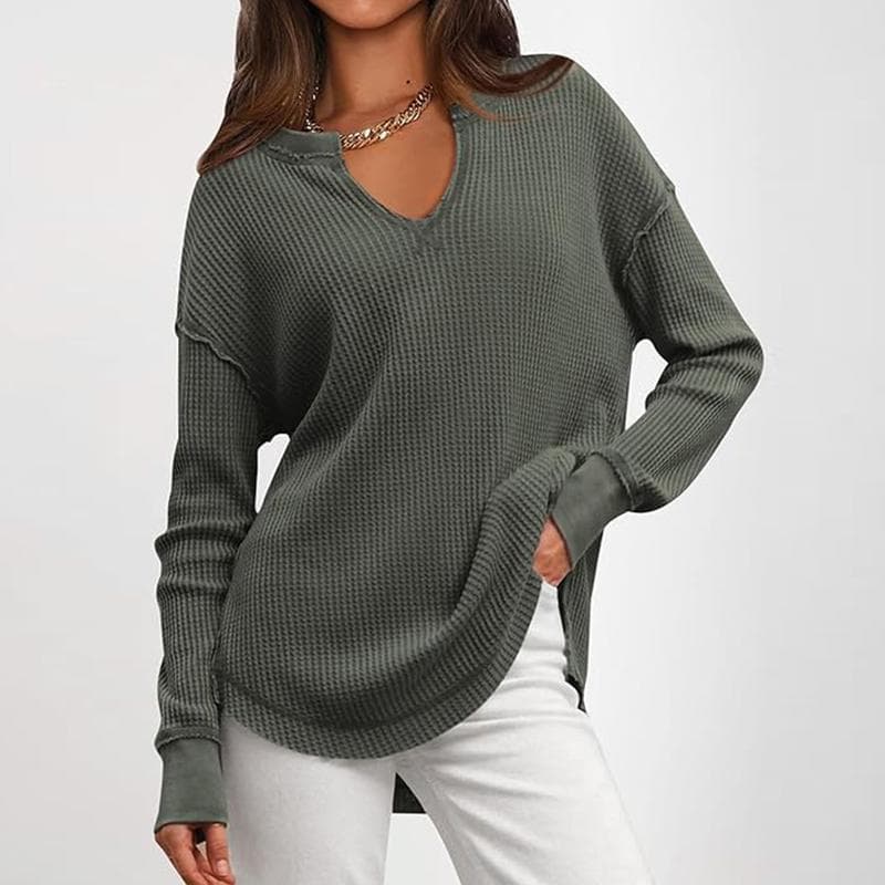 Womens AutumnWinter Casual Knitted Sweater Solid-Color Long-Sleeve V-Neck Waffle-Weave Hoodie Top