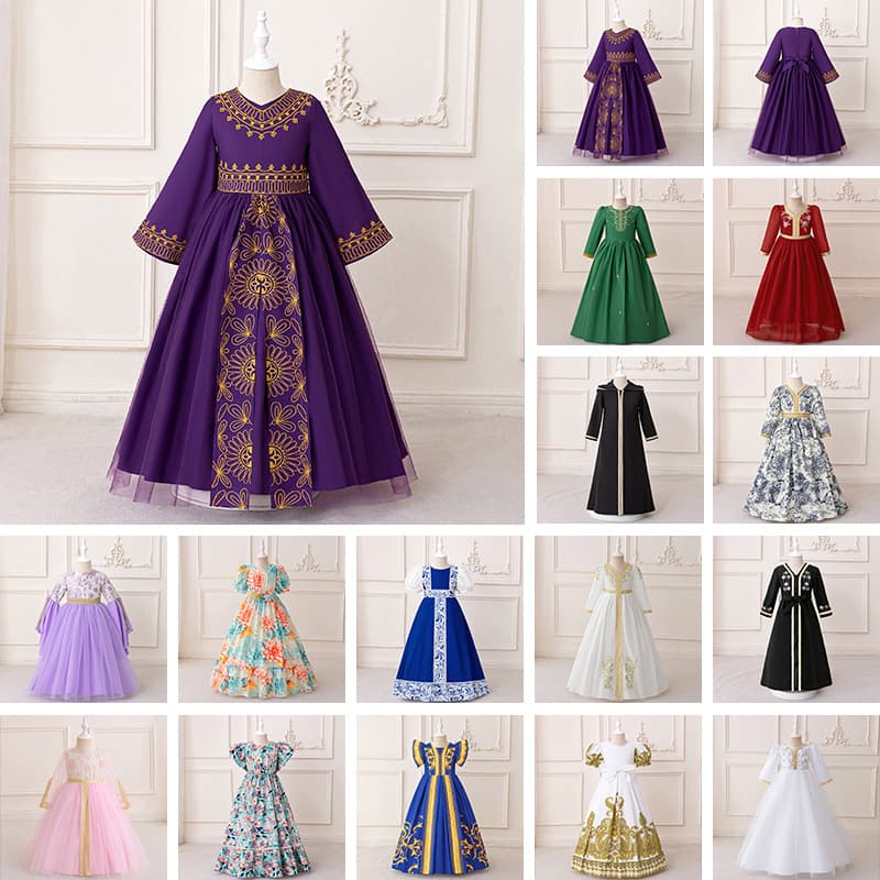 Floral-print Gold-foil Long Gown Children's Party Princess Dress