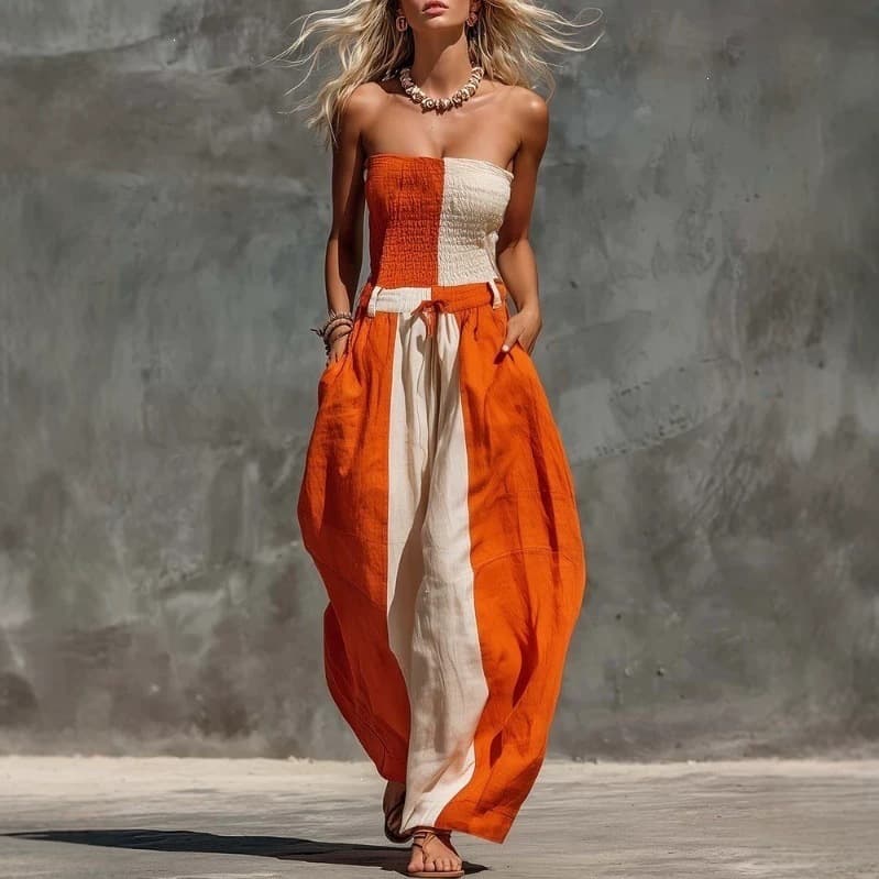 Strapless Orange And Off-white Contrast-color Cotton-linen Jumpsuit