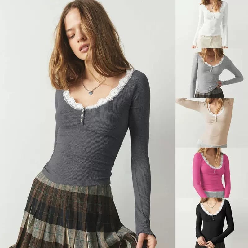 Color-block Lace-panelled Long-sleeve Base Top For Fallwinter
