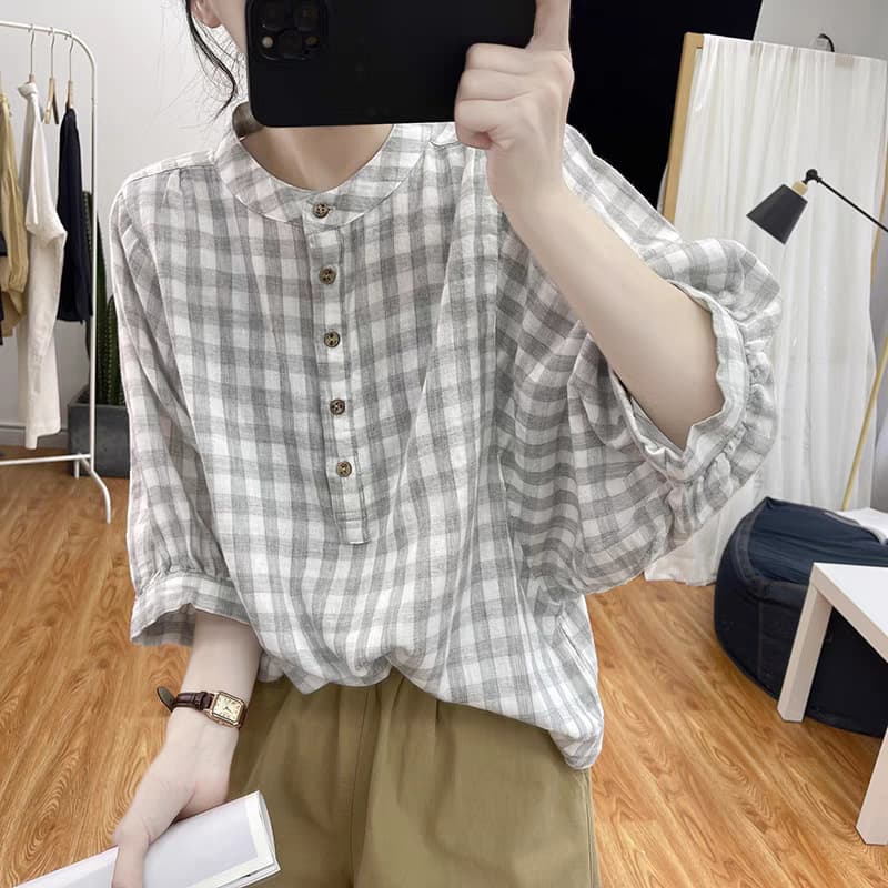 Summer Japanese-Korean Style New Thin Blue-and-white Small-check Shirt