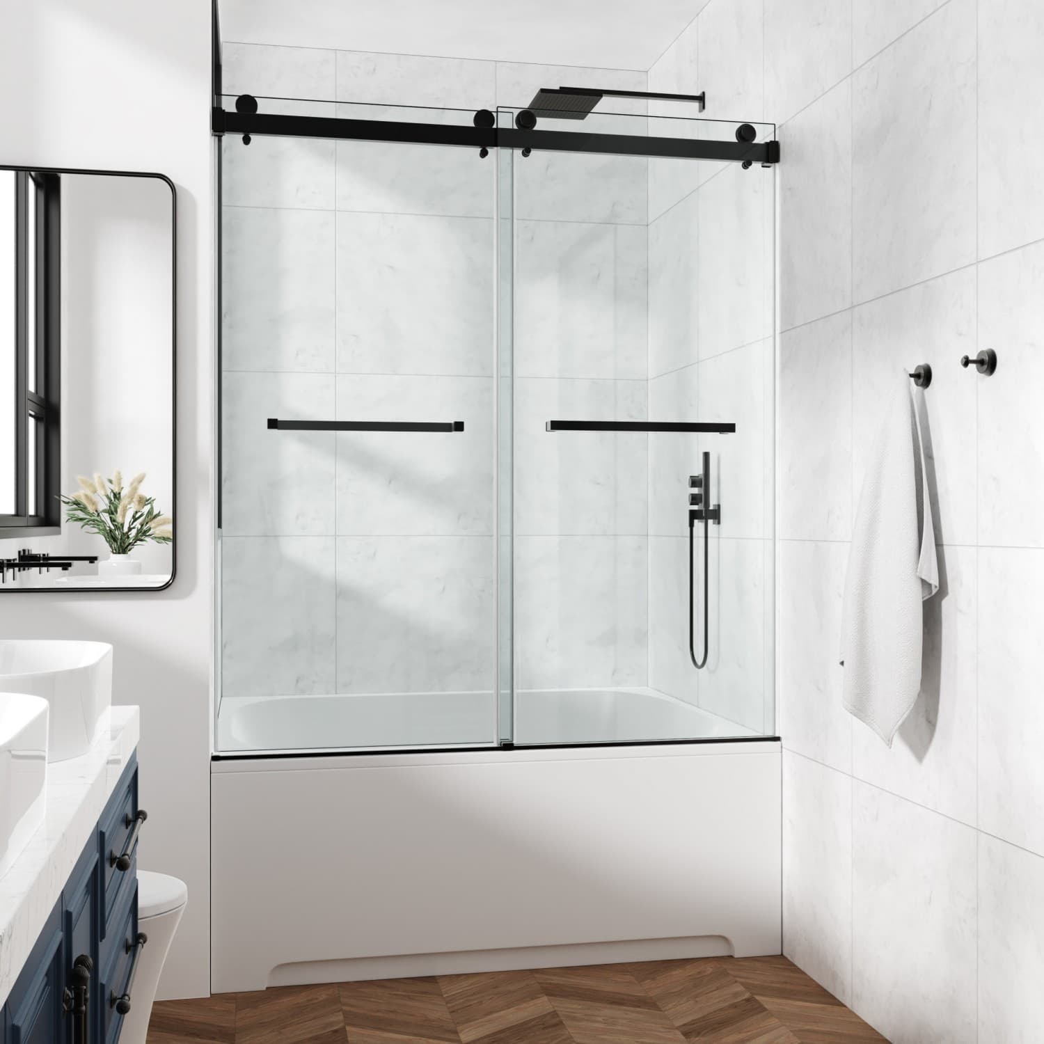 60*72" Frameless Double Sliding Shower Door, Double Shower Door, 3/8″ (10mm) SGCC Tempered Glass, Stainless Steel[Unable to ship on weekends+LTL]