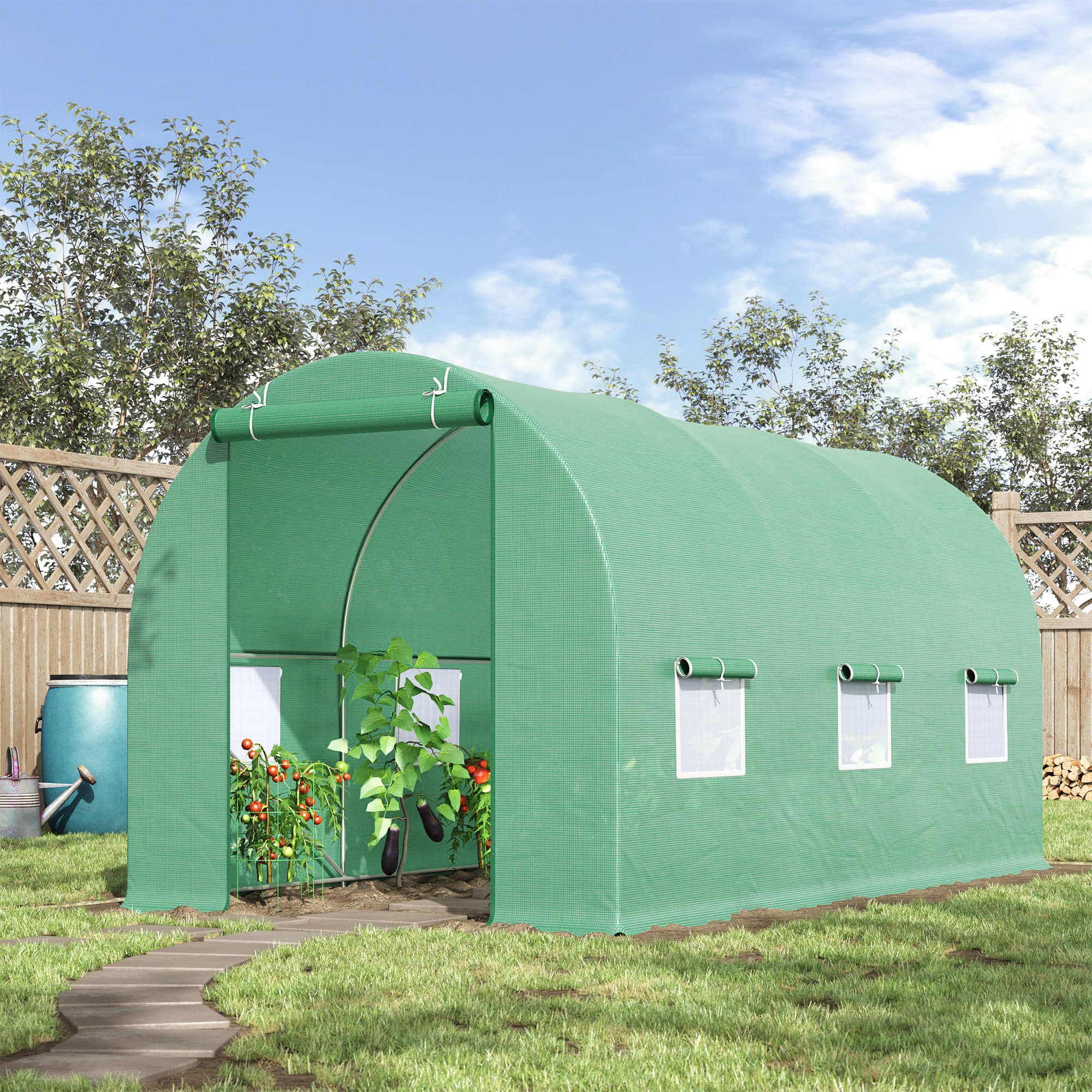 15' x 7' x 7' Walk-in Tunnel Hoop Greenhouse,  Steel Frame with PE Cover & Roll-up Zipper Door