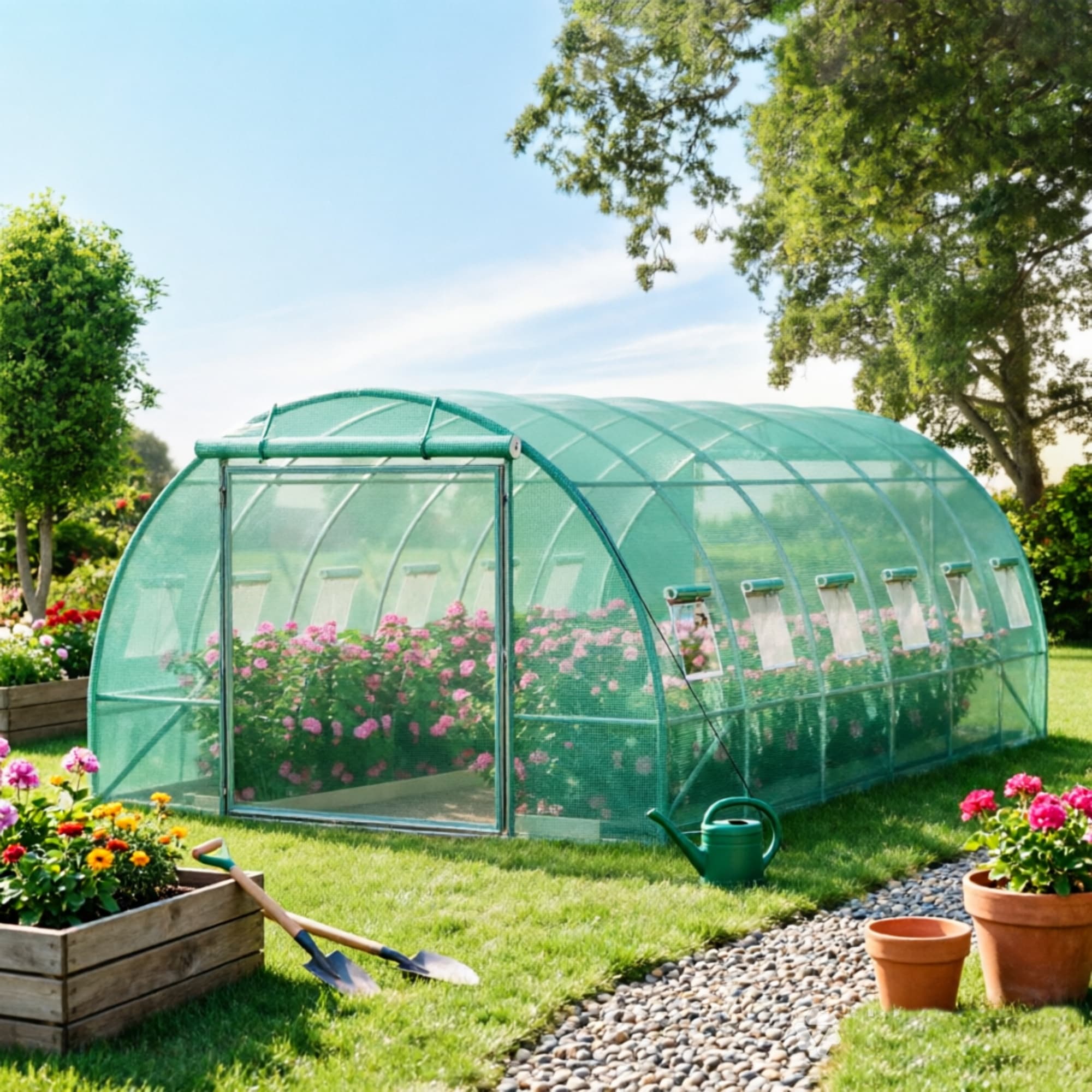 20' x 10' x 7' Walk-in Tunnel Greenhouse, Portable Hot House with Galvanized Steel Hoops & 12 Roll-up Windows