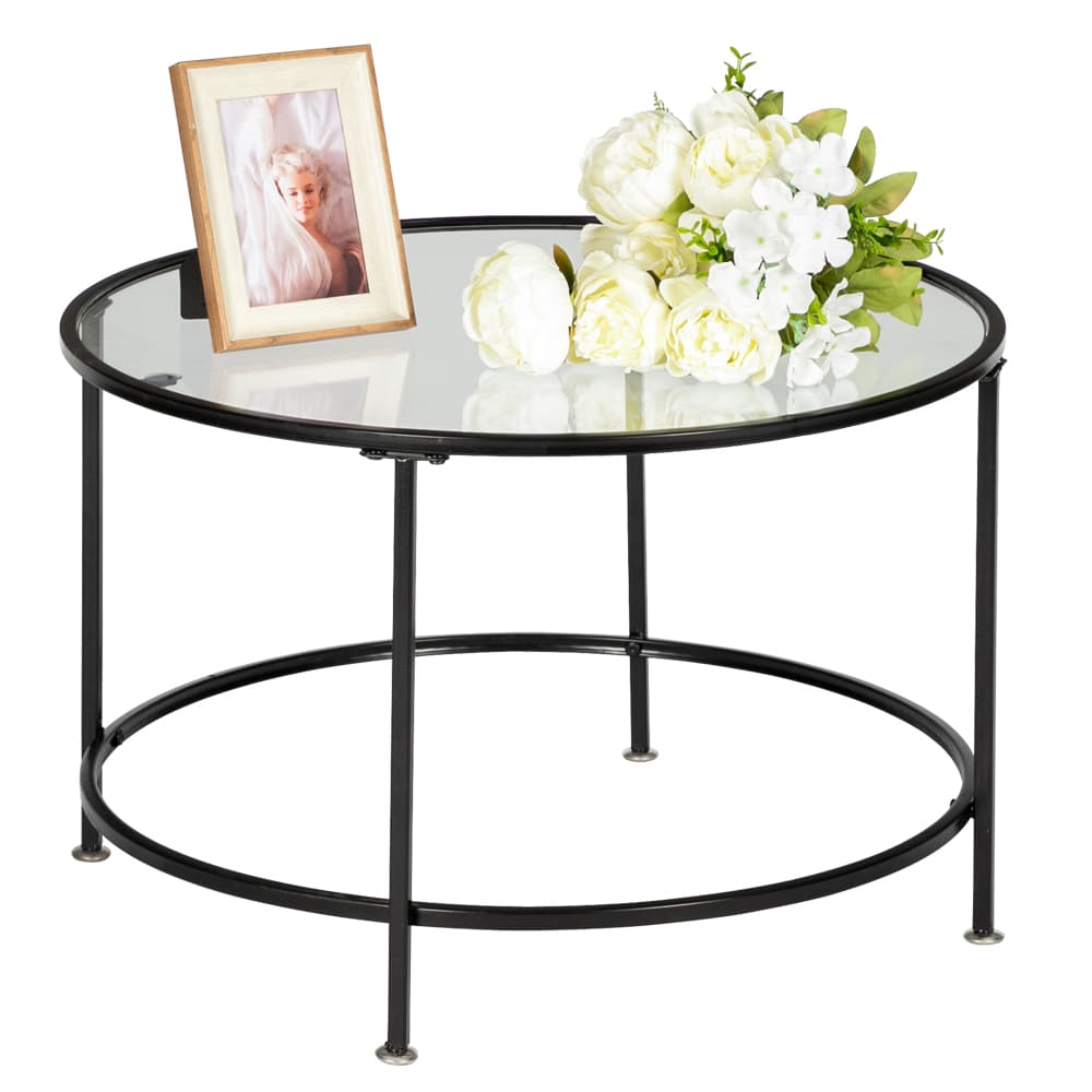 【Same Code:13962533】Artisasset 2 Layers 5mm Thick Tempered Glass Countertops Round Wrought Iron Coffee Table Black