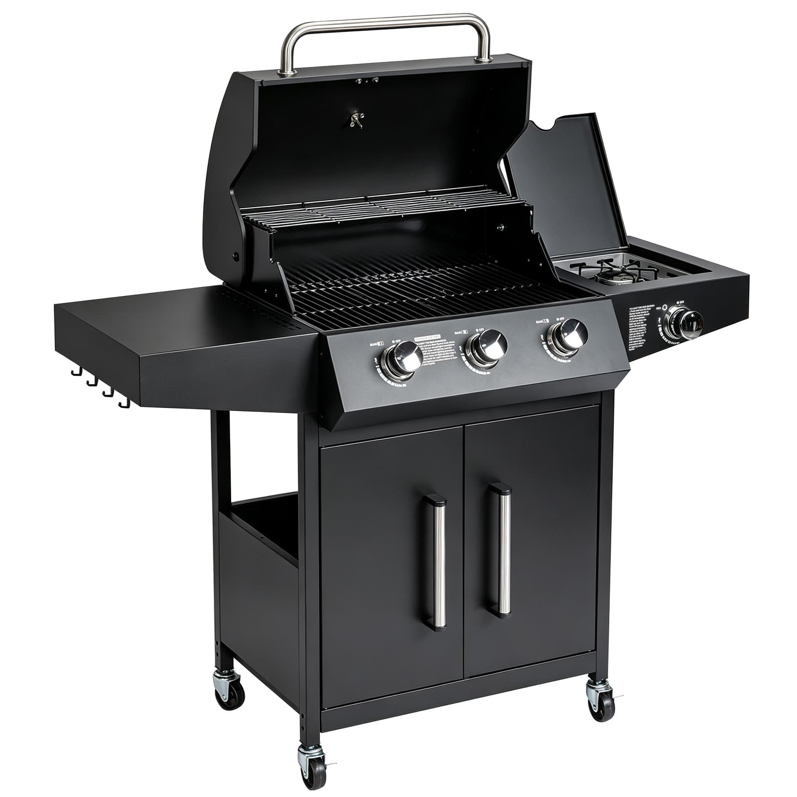 【Do not sell on Amazon】46,000 BTU Gas Grill with Side Burner, 3+1 Burner Stand-Up Black Iron BBQ Grill, Porcelain Enamel Grill Grates with Wheels for Outdoor Patio Backyard