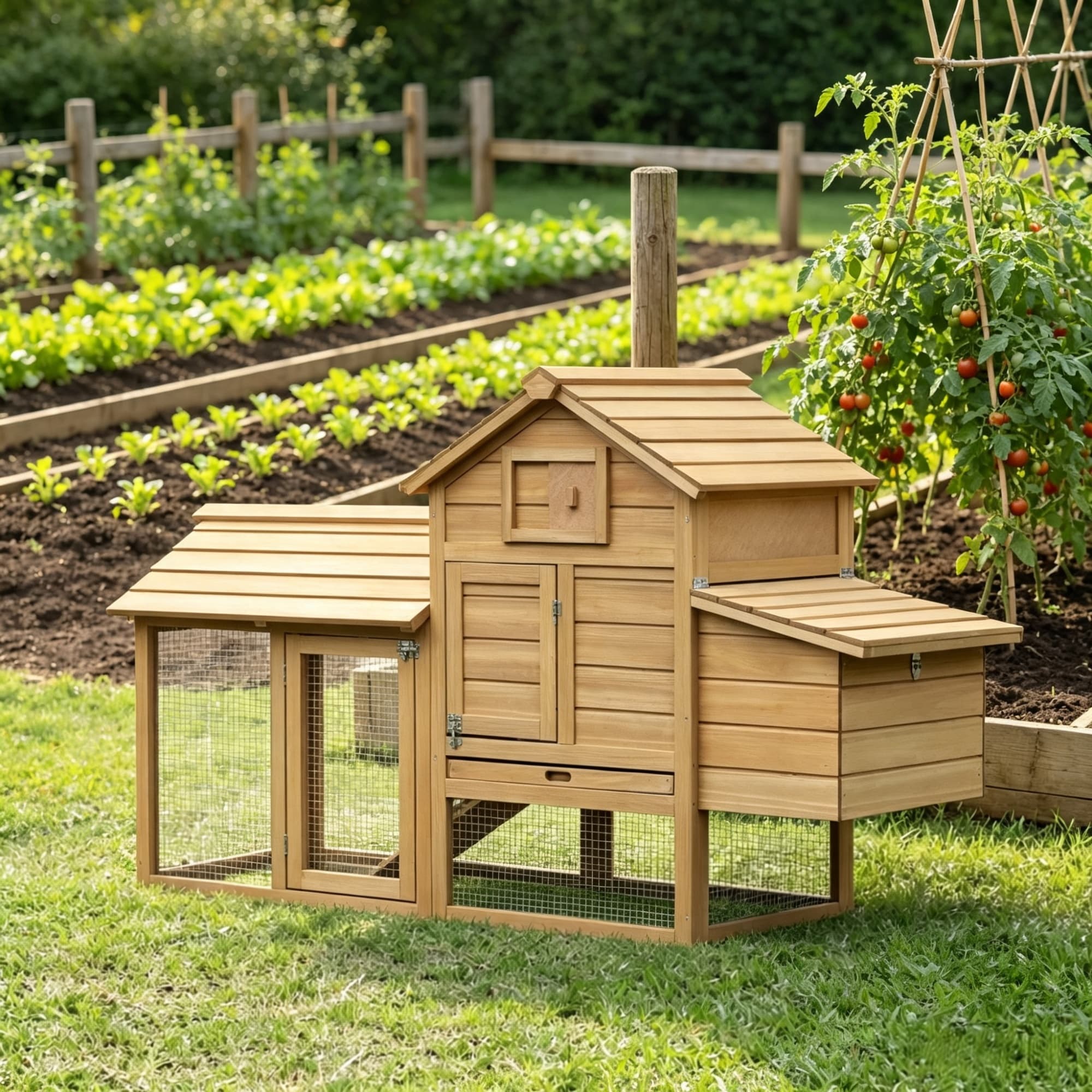 59" Backyard Wooden Chicken Cage – Outdoor Poultry Habitat with 2 Doors, Nesting Box & Detachable Tray