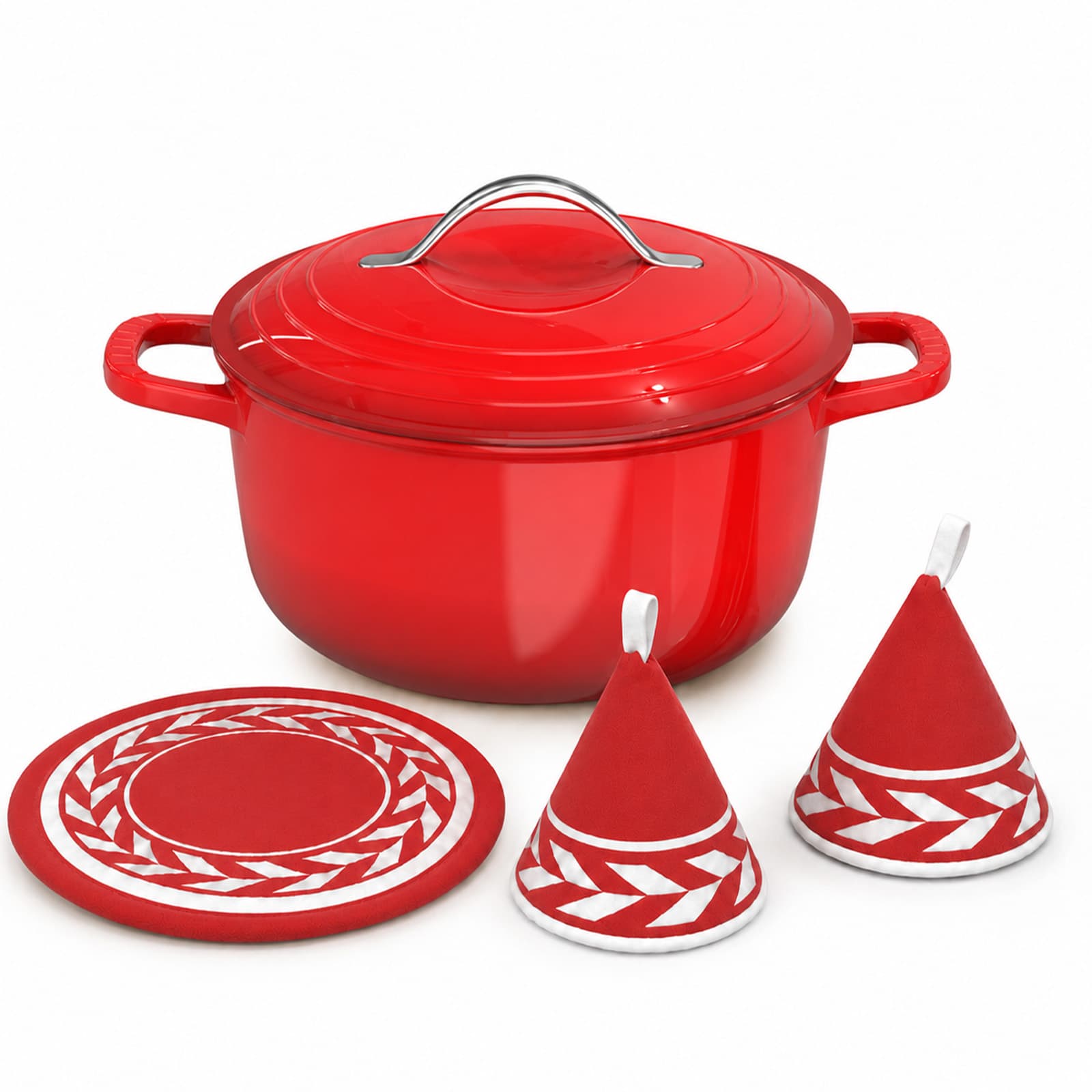 Stainless Steel Handle 7.5QT (7.1L) Round Enamel Pot – Red Gradient (Includes Oven Mitts & Trivet)