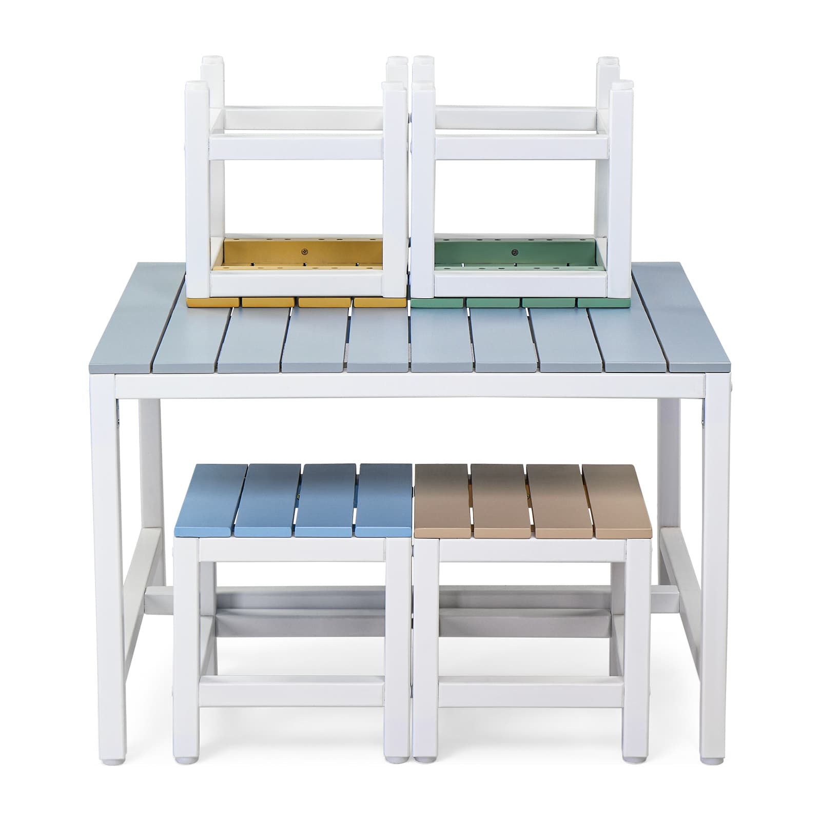 5-piece children's patio table and chair set (1 table + 4 stools), 29.5 inches, blue-khaki, light orange, blue-green color blocking, made of poplar wood