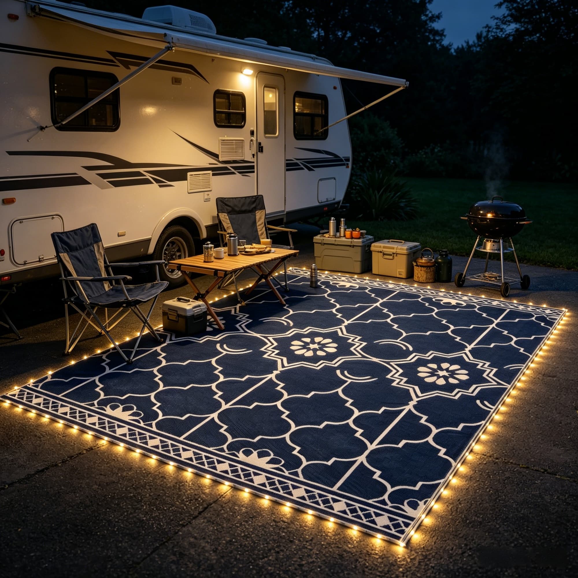 10' x 8' Reversible Outdoor Rug Carpet: LED Light PP Straw Rug with Carry Bag & Ground Stakes for Patio Backyard